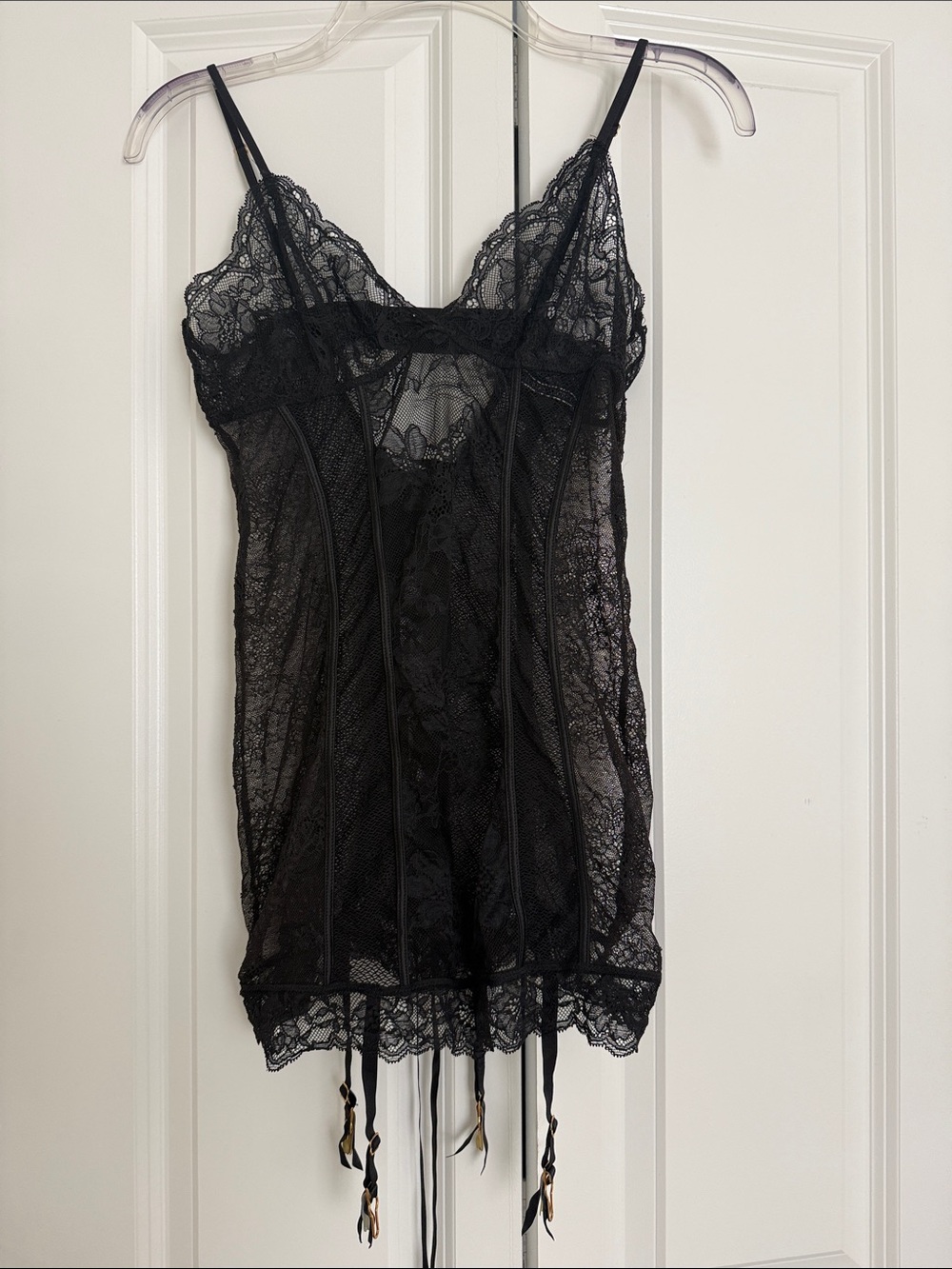 Victoria's Secret Black Lace Sheer Chemise with Garter Straps